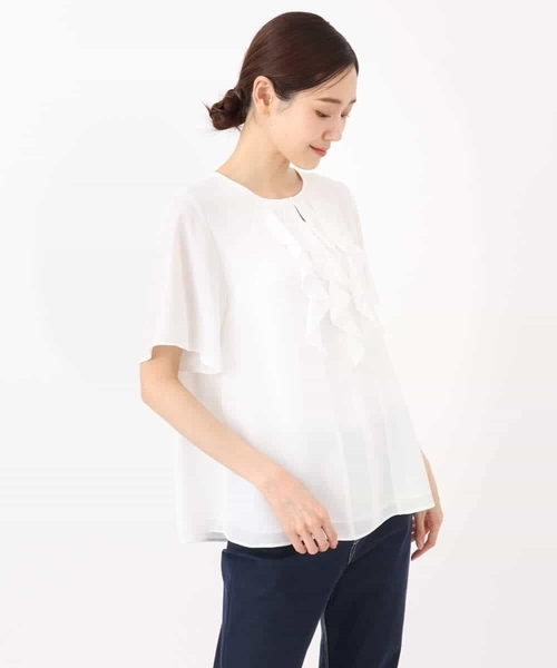 MK MICHEL KLEIN（エムケーミッシェルクラン）の「フリルディティールジョーゼットブラウス/洗える（シャツ/ブラウス・レディース・オレンジ系その他/ホワイト/ネイビー・38）」の4枚目の写真