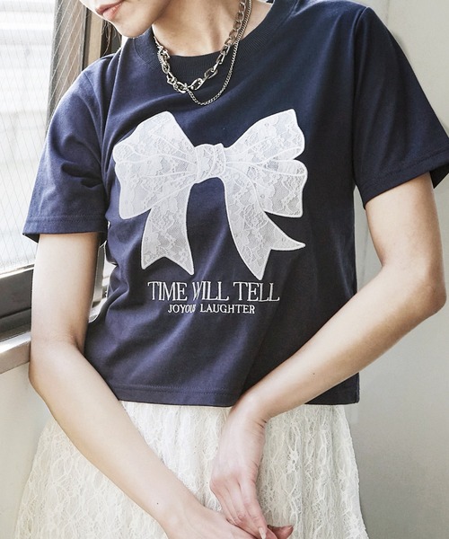 セール】レースリボン短丈Tシャツ/刺繍ショート丈半袖Tシャツ（T