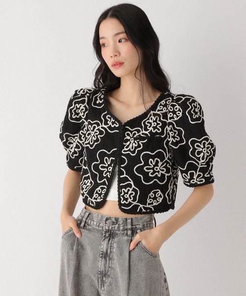 Heather（ヘザー）の「ショート刺繍ジャケット（半袖）　490867（ノーカラージャケット・レディース・ブラック/オフホワイト・FREE）」の11枚目の写真