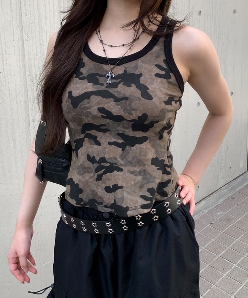 セール】配色ライン 迷彩柄タンクトップ カモフラージュ（タンク