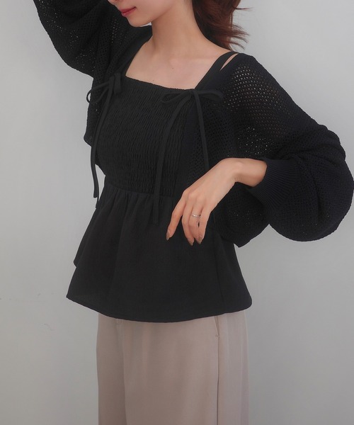 セール】透かし編みニットボレロ＋リボンキャミset