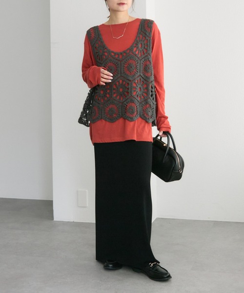 PUAL CE CIN（ピュアルセシン）の「かぎ針編み風ビスチェ（ベスト・レディース・ナチュラル/チャコールグレー・FREE）」の5枚目の写真