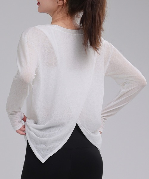 HYSSHOP（エイチワイエスショップ）の「【大きいサイズ有/吸汗速乾/ストレッチ有】長袖 バックスリット シアー トップス レディース[トレーニングウェア/ジムウェア/ピラティスウェア]（その他トップス・レディース・ブラック/グレー/ブルー/ホワイト/パープル・S/M/XL/L）」の2枚目の写真