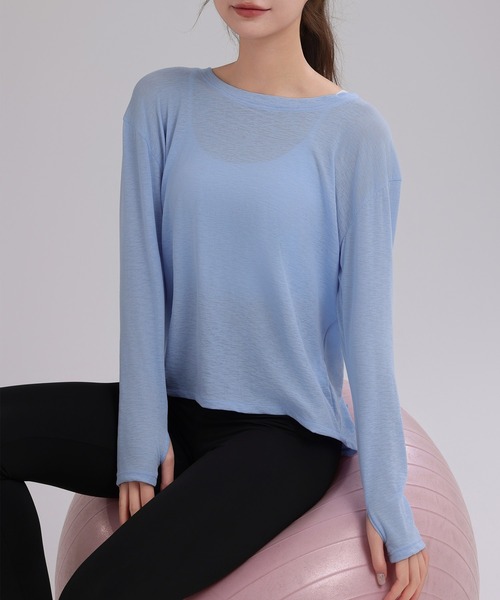 HYSSHOP（エイチワイエスショップ）の「【大きいサイズ有/吸汗速乾/ストレッチ有】長袖 バックスリット シアー トップス レディース[トレーニングウェア/ジムウェア/ピラティスウェア]（その他トップス・レディース・ブラック/グレー/ブルー/ホワイト/パープル・S/M/XL/L）」の19枚目の写真