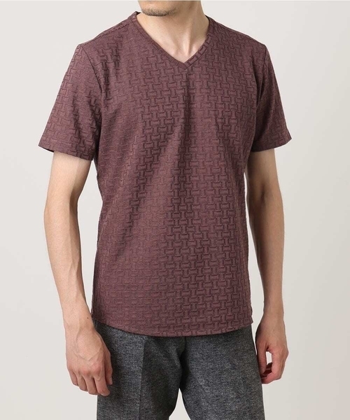 MICHEL KLEIN HOMME   （ミッシェルクランオム）の「《日本製》レンガ柄Vネック半袖カットソー（Tシャツ/カットソー・メンズ・ダークグレー/ライトグレー/レッド・MEDIUM/LARGE/X-LARGE）」の3枚目の写真