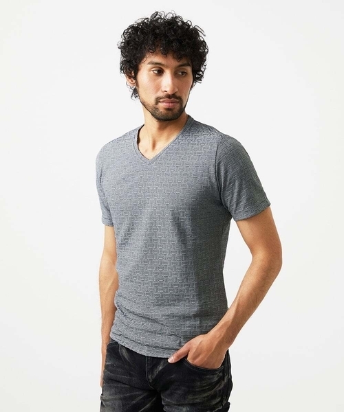 MICHEL KLEIN HOMME   （ミッシェルクランオム）の「《日本製》レンガ柄Vネック半袖カットソー（Tシャツ/カットソー・メンズ・ダークグレー/ライトグレー/レッド・MEDIUM/LARGE/X-LARGE）」の2枚目の写真