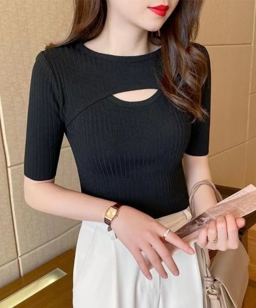 Beststore（ベストストア）の「トップス ニット Tシャツ 5分丈 さらっとした肌ざわり（ニット/セーター・レディース・ライトブルー/ホワイト/ブラック/ベージュ/グリーン/ダークブルー/キャメル/イエロー系その他・FREE）」の3枚目の写真