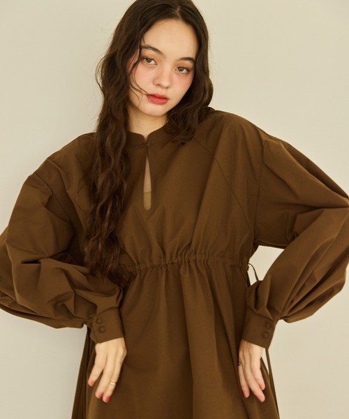 OLUN（オルン）の「waist ribbon volume onepiece/ウエストリボン