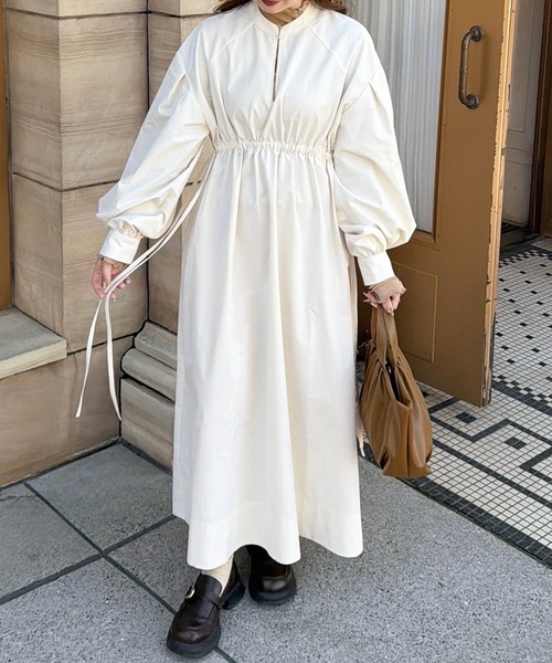 OLUN（オルン）の「waist ribbon volume onepiece/ウエストリボン