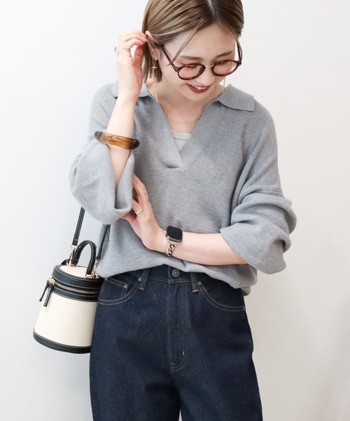 専用❤みかん♥もっちりニット★ひんやり冷感タオル♥タコウインナー。グレー。 バイパチ片畦衿付きニットプルオーバー（ニット/セーター