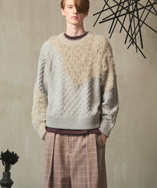 UNISEX》Cable Shaggy Mix Prime-Over Crew Neck Knit Pullover