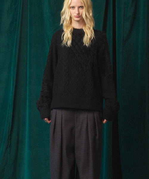 UNISEX》Cable Shaggy Mix Prime-Over Crew Neck Knit Pullover