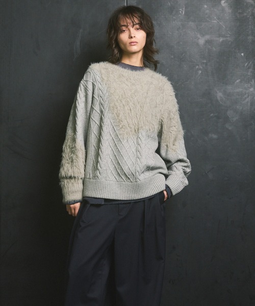 UNISEX》Cable Shaggy Mix Prime-Over Crew Neck Knit Pullover