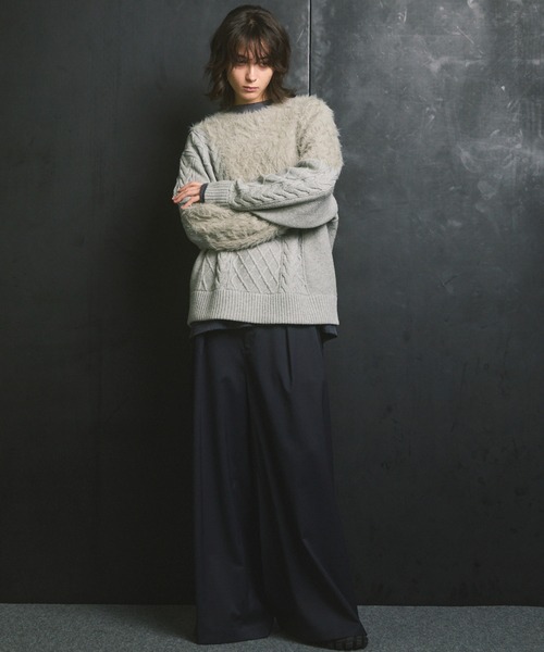 UNISEX》Cable Shaggy Mix Prime-Over Crew Neck Knit Pullover