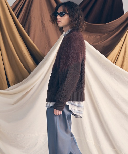 UNISEX》Cable Shaggy Mix Prime-Over Crew Neck Knit Pullover