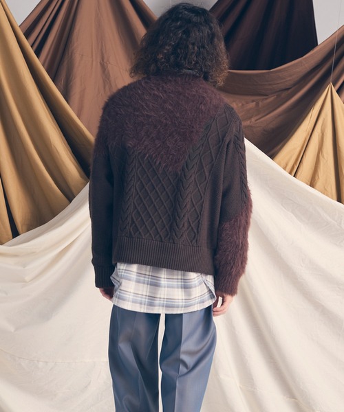 UNISEX》Cable Shaggy Mix Prime-Over Crew Neck Knit Pullover