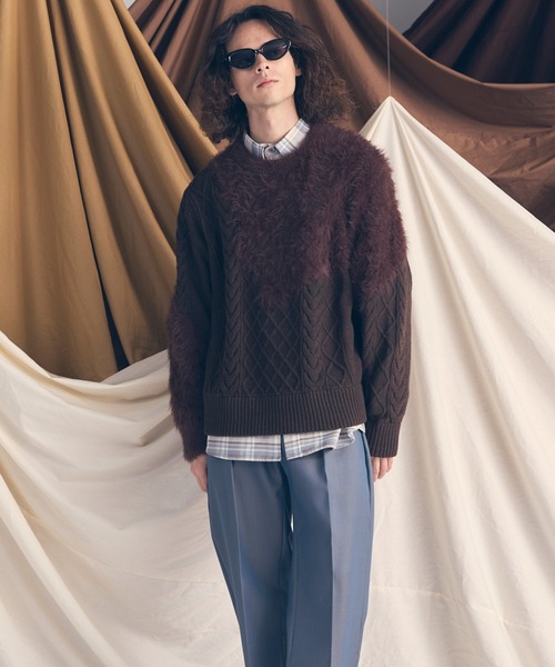 UNISEX》Cable Shaggy Mix Prime-Over Crew Neck Knit Pullover