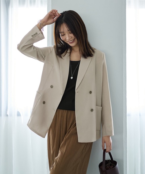 STYLE DELI(スタイルデリ)の「ストレッチメッシュ生地ダブルジャケット(テーラードジャケット・レディース・ブラウン系/グレイッシュベージュ・FREE)」の2枚目の写真