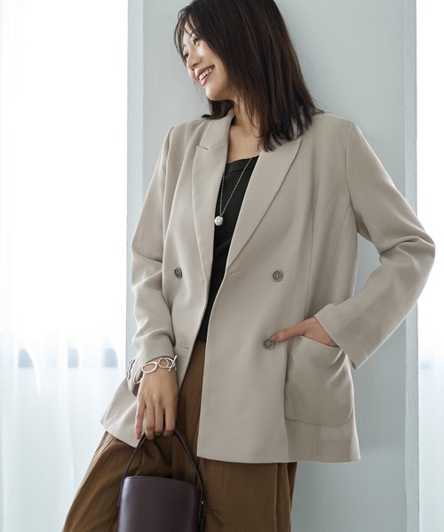STYLE DELI(スタイルデリ)の「ストレッチメッシュ生地ダブルジャケット(テーラードジャケット・レディース・ブラウン系/グレイッシュベージュ・FREE)」の10枚目の写真
