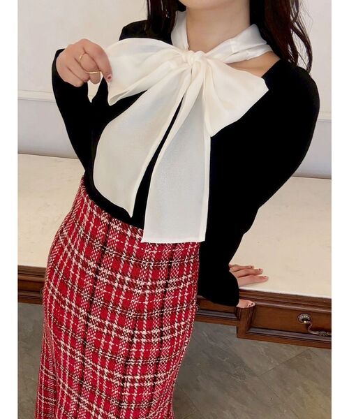 MERCURYDUO(マーキュリーデュオ)の「異素材リボンカットアウトニット(ニット/セーター・レディース・ブラック/ベビーピンク/チャコールグレー/ブルー/アイボリー/ピンク・FREE)」の1枚目の写真