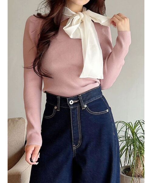 MERCURYDUO(マーキュリーデュオ)の「異素材リボンカットアウトニット(ニット/セーター・レディース・ブラック/ベビーピンク/チャコールグレー/ブルー/アイボリー/ピンク・FREE)」の16枚目の写真