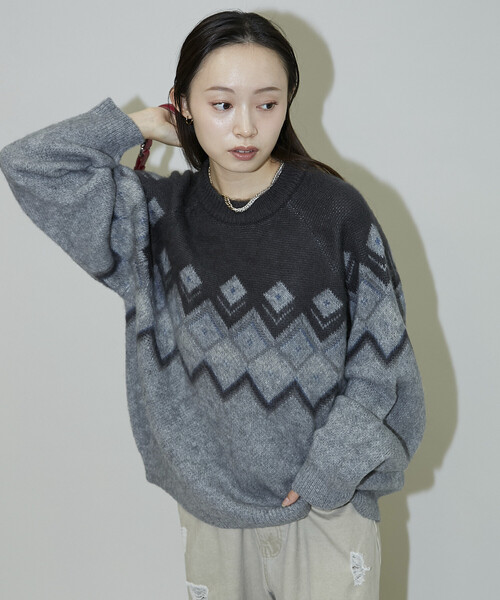 PUBLUX(パブリュクス)の「PUBLUX/パブリュクス ダイヤジャカードモヘアタッチニットプルオーバー 限定展開(ニット/セーター・レディース・ブラウン/ネイビー/グレー・フリ-)」の6枚目の写真