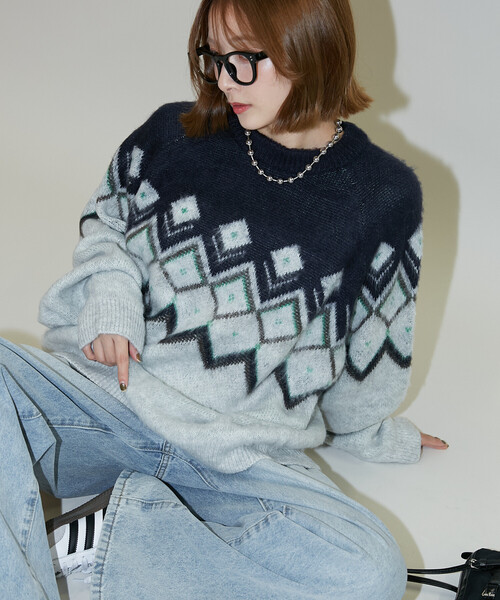 PUBLUX(パブリュクス)の「PUBLUX/パブリュクス ダイヤジャカードモヘアタッチニットプルオーバー 限定展開(ニット/セーター・レディース・ブラウン/ネイビー/グレー・フリ-)」の13枚目の写真