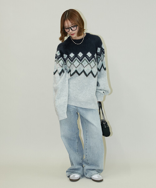 PUBLUX(パブリュクス)の「PUBLUX/パブリュクス ダイヤジャカードモヘアタッチニットプルオーバー 限定展開(ニット/セーター・レディース・ブラウン/ネイビー/グレー・フリ-)」の18枚目の写真