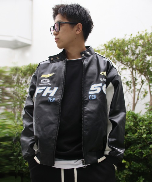 aimoha(アイモハ)の「aimoha men レーシングロゴデザイン PUジャケット/ Racing logo design PU jacket(その他アウター・メンズ・ホワイト/ブラック・MEDIUM/X-LARGE/LARGE)」の1枚目の写真