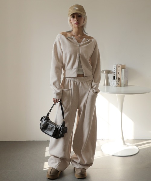 セール】【セットアップ】オフショルジップアップ＆スウェットワイド