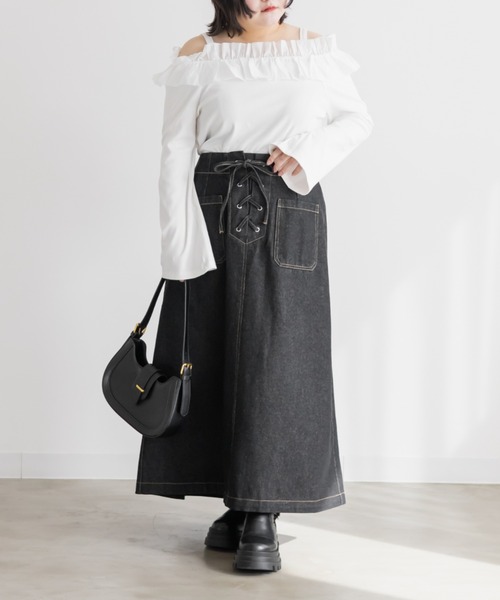 CLETTE(クレット)の「CLETTEオリジナルレースアップデニムスカート(スカート・レディース・ブルー/ブラック/サックスブルー・4L/3L/LL)」の5枚目の写真