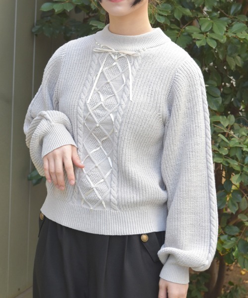 axes femme（アクシーズファム）の「リボン×ケーブルニットＰＯ（ニット/セーター・レディース・ピンク/キナリ/ミント/グレイッシュベージュ・FREE）」の4枚目の写真