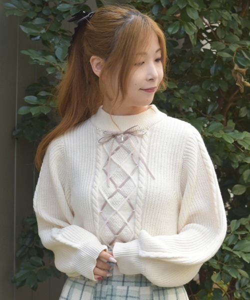 axes femme（アクシーズファム）の「リボン×ケーブルニットＰＯ（ニット/セーター・レディース・ピンク/キナリ/ミント/グレイッシュベージュ・FREE）」の5枚目の写真