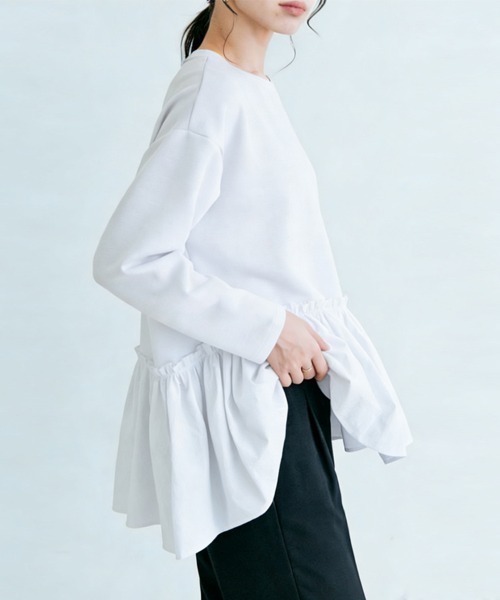 ONEP STAR(ワンピスター)の「異素材切替フレアデザイントップス(Tシャツ/カットソー・レディース・ブラック/カーキ/ネイビー/グレー/ホワイト・FREE)」の6枚目の写真