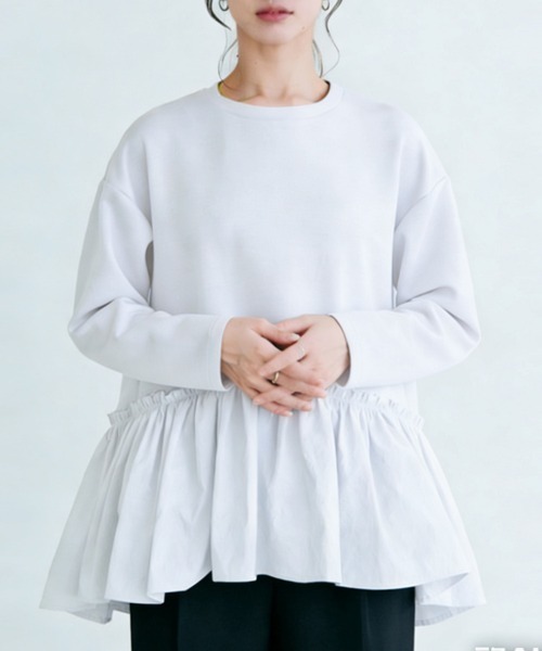 ONEP STAR(ワンピスター)の「異素材切替フレアデザイントップス(Tシャツ/カットソー・レディース・ブラック/カーキ/ネイビー/グレー/ホワイト・FREE)」の8枚目の写真