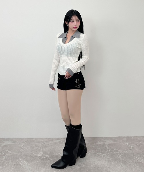 FOLLOWIN(フォロウィン)の「レイヤードカラー ケーブルニットトップス(ニット/セーター・レディース・アイボリー/ブラック/グレー・FREE)」の6枚目の写真