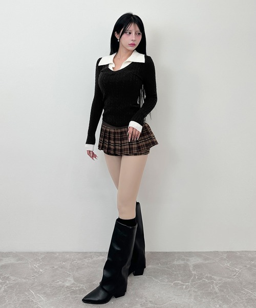 FOLLOWIN(フォロウィン)の「レイヤードカラー ケーブルニットトップス(ニット/セーター・レディース・アイボリー/ブラック/グレー・FREE)」の20枚目の写真