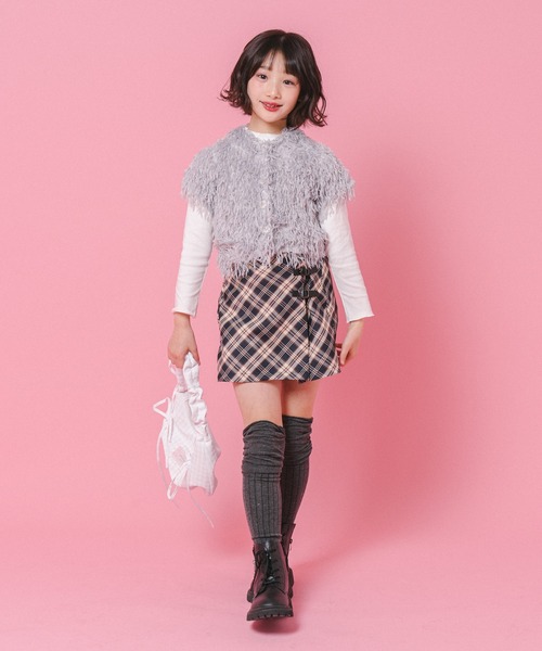 URBAN CHERRY（アーバンチェリー）の「【インナーパンツ付き】ダブルベルトチェックラップスカート（スカート・キッズ・イエロー/ネイビー/ピンク/グレー・110cm/120cm/130cm/140cm/150cm）」の17枚目の写真