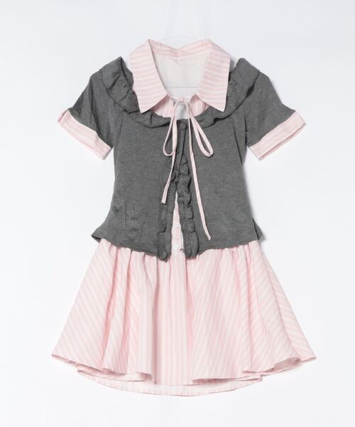 セール】ストライプミニワンピース×フリルカーディガンセット／リボン
