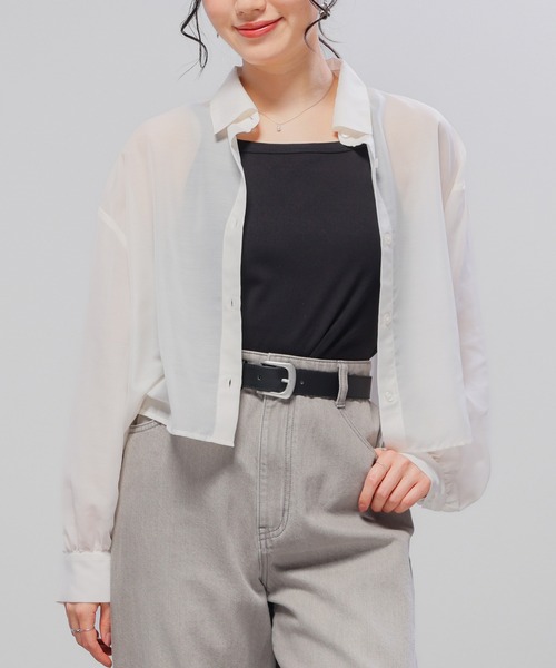 Honeys(ハニーズ)の「キャミ付シアーシャツ(シャツ/ブラウス・レディース・ホワイト系その他/グリーン/ピンク/スミクロ/グレー/アイボリー/ブルー系その他3・L/M/S/SS)」の2枚目の写真