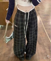 レトロチェック柄の万能ルーズフィットカジュアルパンツ