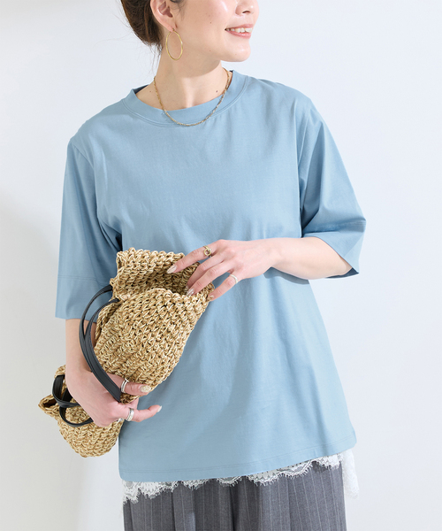 B.C STOCK(ベーセーストック)の「【WEB+一部店舗限定】ウォッシャブル / 接触冷感 / コンパクト天竺Tシャツ(Tシャツ/カットソー・レディース・サックスブルー/カーキ/ブラック/ホワイト・FREE)」の1枚目の写真