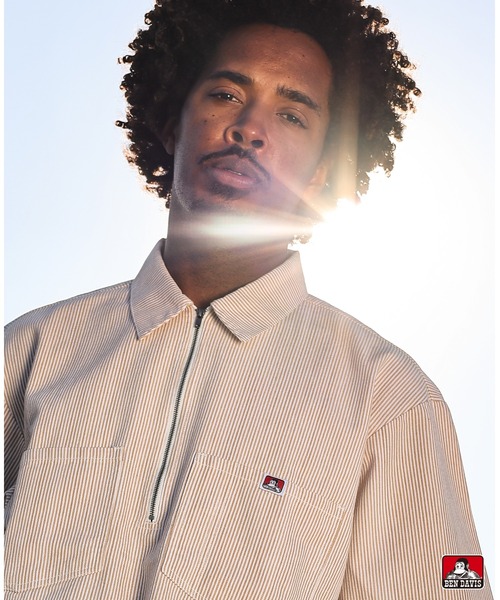 BEN DAVIS(ベンデイビス)の「HICKORY Half Zip Shirts/ ハーフジップシャツ 裾フリンジ ヴィンテージテイスト(Tシャツ/カットソー・メンズ・インディゴブルー/ブラウン/サックスブルー・LARGE/MEDIUM/X-LARGE)」の4枚目の写真