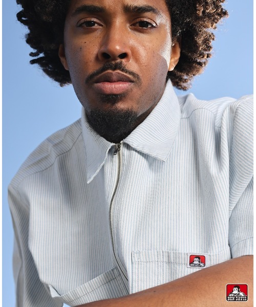 BEN DAVIS(ベンデイビス)の「HICKORY Half Zip Shirts/ ハーフジップシャツ 裾フリンジ ヴィンテージテイスト(Tシャツ/カットソー・メンズ・インディゴブルー/ブラウン/サックスブルー・LARGE/MEDIUM/X-LARGE)」の8枚目の写真
