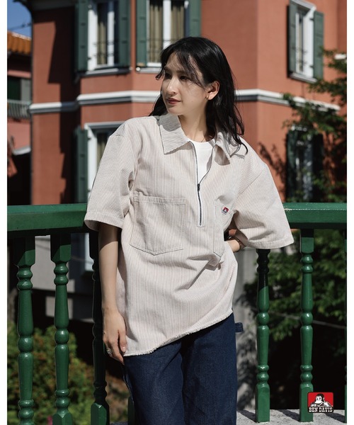BEN DAVIS(ベンデイビス)の「HICKORY Half Zip Shirts/ ハーフジップシャツ 裾フリンジ ヴィンテージテイスト(Tシャツ/カットソー・メンズ・インディゴブルー/ブラウン/サックスブルー・LARGE/MEDIUM/X-LARGE)」の12枚目の写真