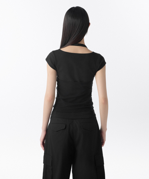 MUSINSA STANDARD WOMAN（ムシンサスタンダードウーマン）の「ウィメンズメッシュトップレイヤードキャップスリーブTシャツ[ブラック/ブラック]（Tシャツ/カットソー・レディース・その他・X-SMALL/SMALL/MEDIUM/LARGE）」の3枚目の写真