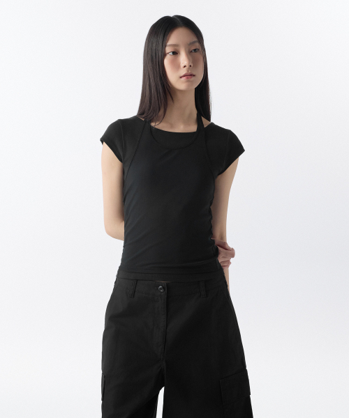 MUSINSA STANDARD WOMAN（ムシンサスタンダードウーマン）の「ウィメンズメッシュトップレイヤードキャップスリーブTシャツ[ブラック/ブラック]（Tシャツ/カットソー・レディース・その他・X-SMALL/SMALL/MEDIUM/LARGE）」の4枚目の写真