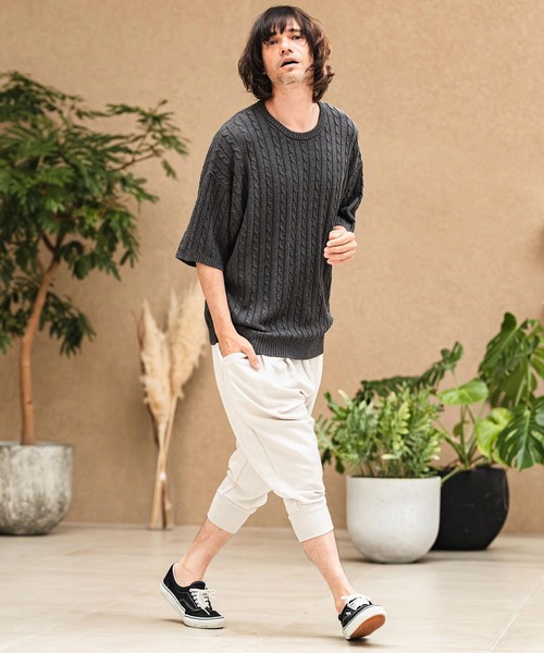 CAMBIO(カンビオ)の「mn3238- Cable Knit Short Sleeve Knit Pullover 半袖ニット(S69826cmb)(ニット/セーター・メンズ・ベージュ/ブラック/チャコールグレー/オフホワイト・L/M/S)」の8枚目の写真