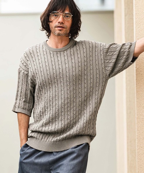 CAMBIO(カンビオ)の「mn3238- Cable Knit Short Sleeve Knit Pullover 半袖ニット(S69826cmb)(ニット/セーター・メンズ・ベージュ/ブラック/チャコールグレー/オフホワイト・L/M/S)」の10枚目の写真