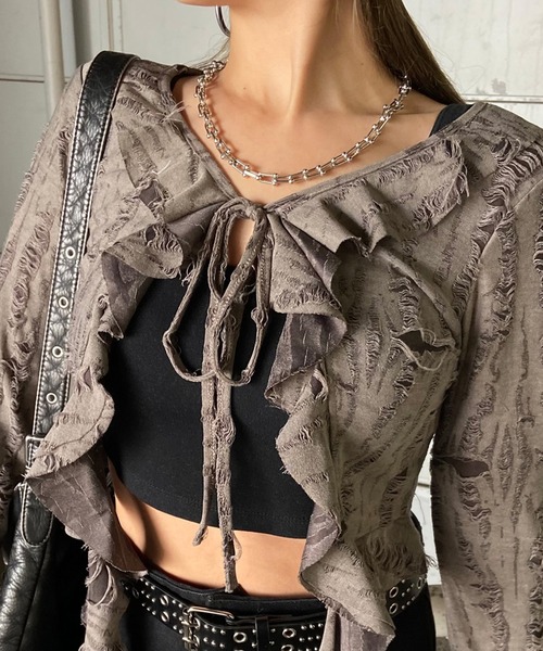 non-hedge(ノンヘッジ)の「イレギュラーヘムダメージカーディガン(カーディガン/ボレロ・レディース・アイボリー/ブラック/チャコールグレー・FREE)」の12枚目の写真